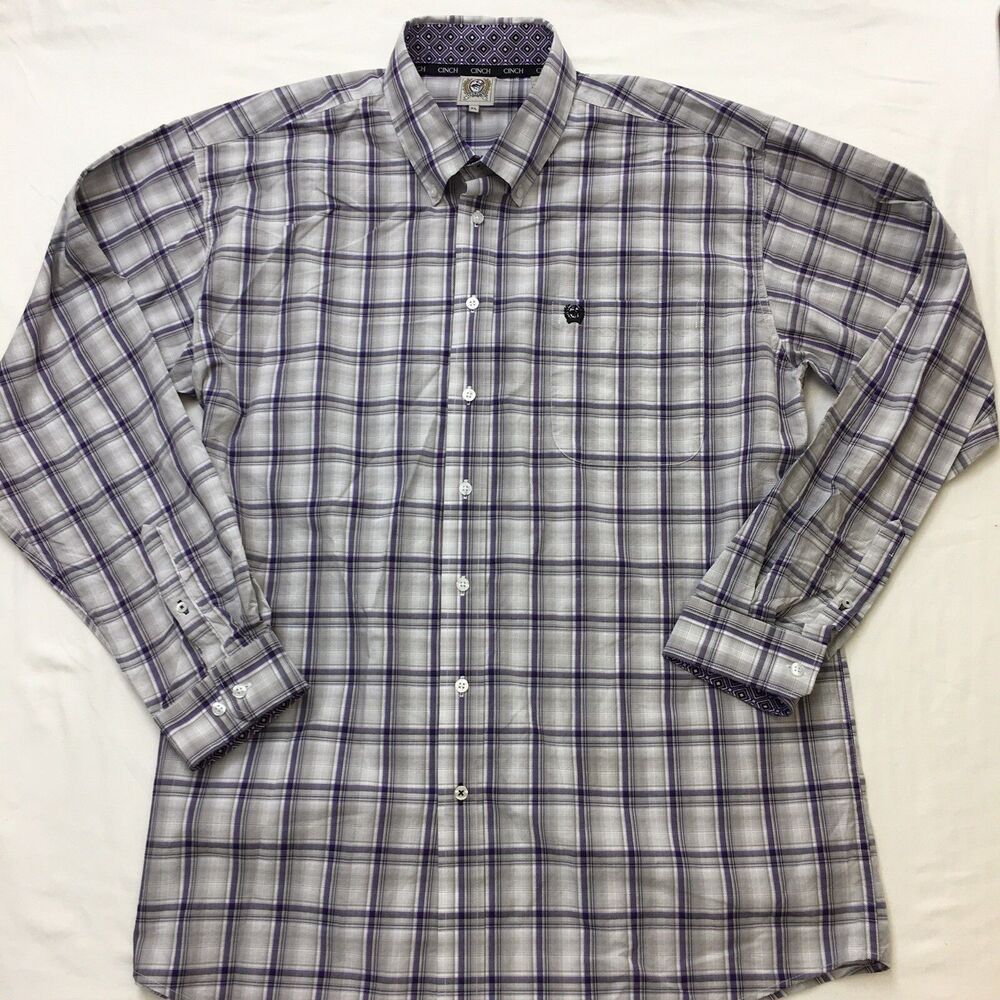 CINCH Shirt Mens XL Violet Gray Plaid Western Long Sleeve Flip Cuff Cowboy